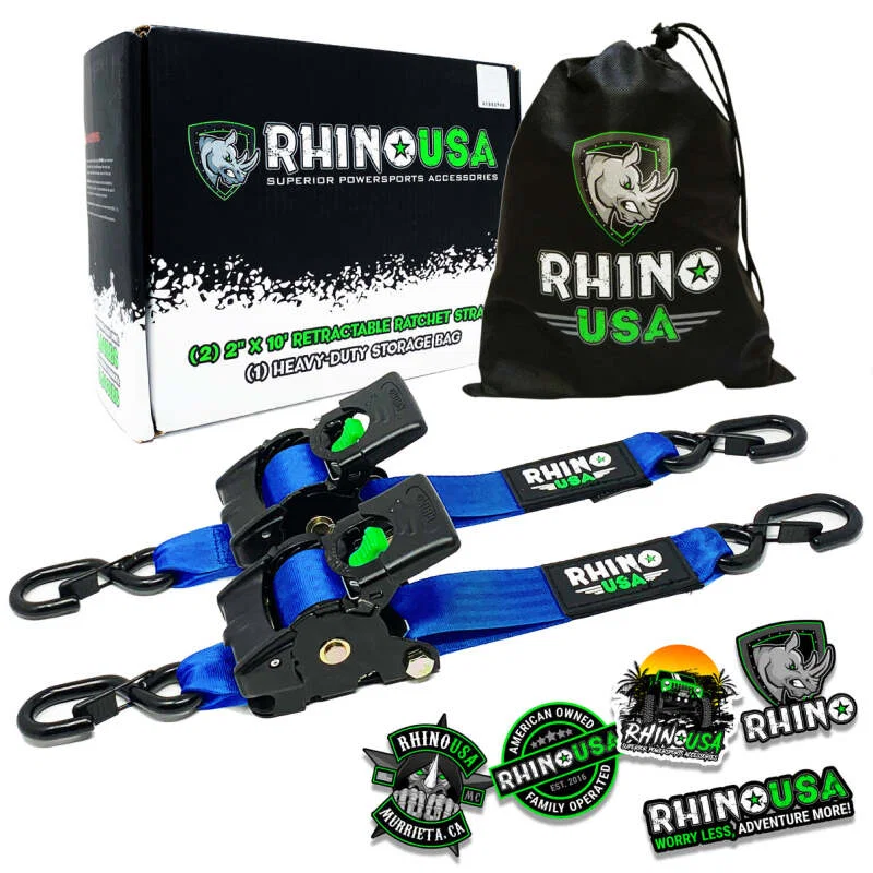 Rhino USA TD-RSRE2X10-BLU, Retractable Ratchet Straps (2Pk 2Inx10Ft) Blue