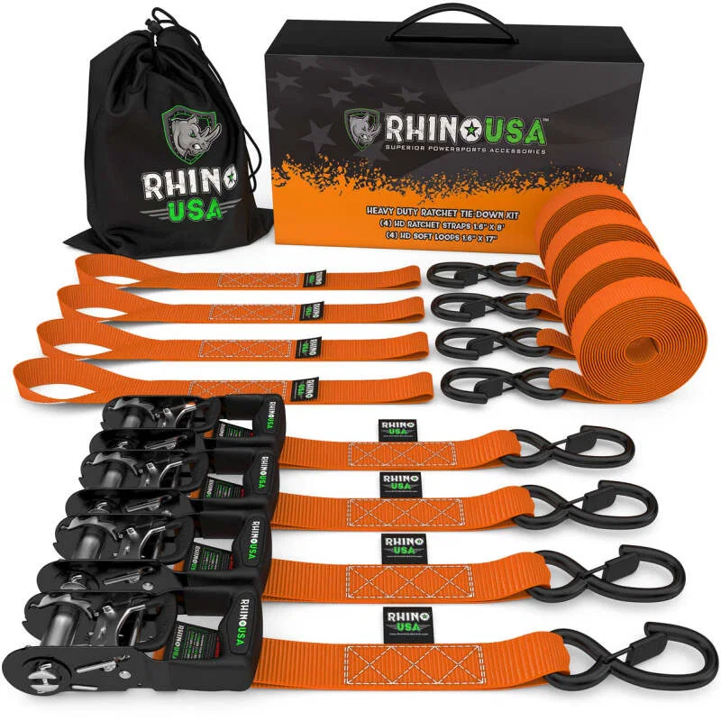 Rhino USA HDKIT-4PK-ORG, Heavy Duty Ratchet Tie-Down 4-Pack (Orange) 1.6In X 8Ft