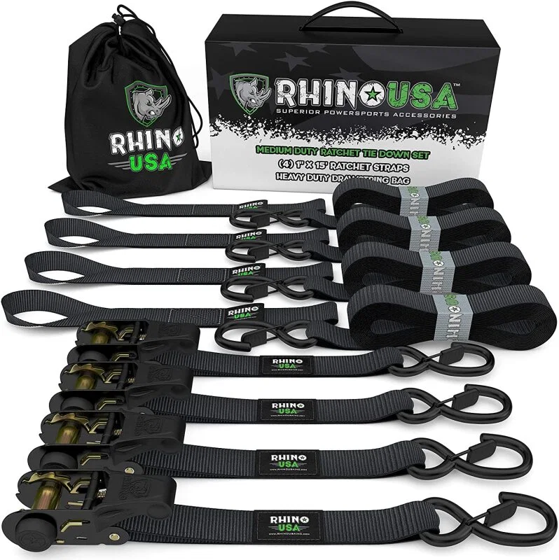 Rhino USA GMG-R1-4PACK, Medium Duty Ratchet Strap Tie-Down 4-Pack (Black)