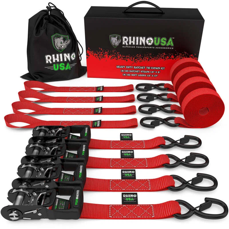 Rhino USA HDKIT-4PK-RED, Heavy Duty Ratchet Tie-Down 4-Pack (Red) 1.6In X 8Ft