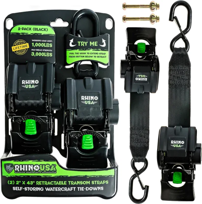 Rhino USA TD-MSTR2X43-BLK, Retractable Transom Straps (2 Pack-Black)