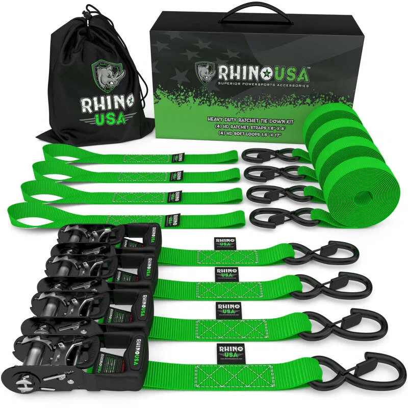 Rhino USA TD-GC1.6X15-GRN, Heavy Duty Ratchet Tie-Down 4-Pack Green 1.6In X 15Ft