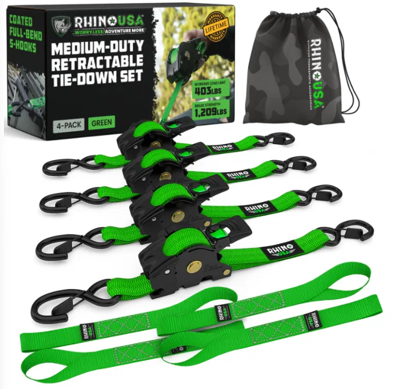 Rhino USA TD-RSRE1X10-GRN-R, Retractable Ratchet Straps (4Pk 1Inx10Ft) (Green)