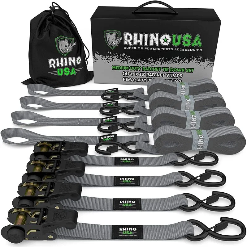 Rhino USA RCHT-4PACK-GRY, Medium Duty Ratchet Strap Tie-Down 4-Pack (Gray)