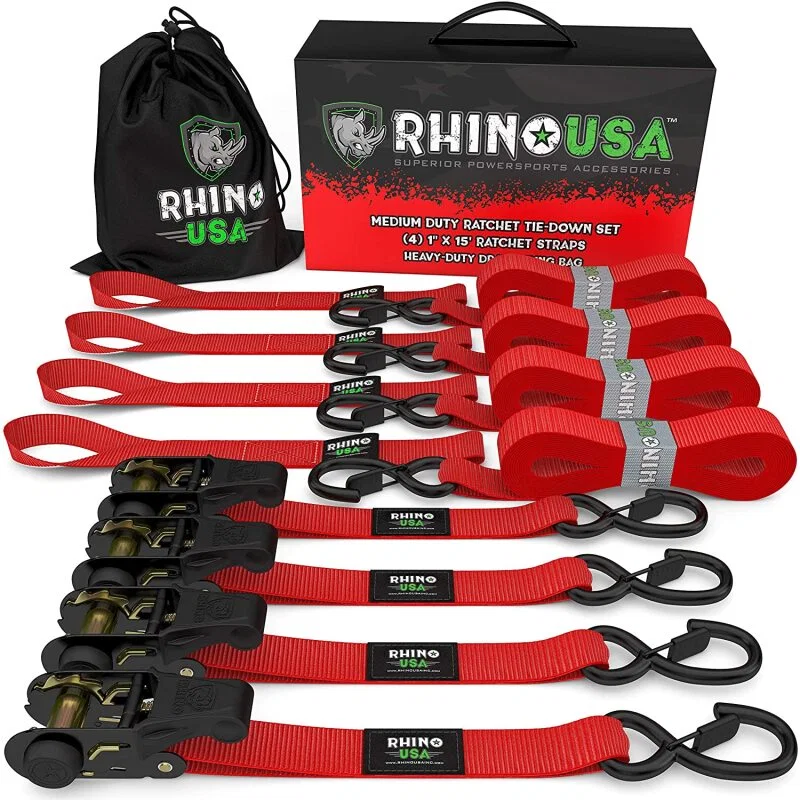 Rhino USA RCHT-4PACK-RED, Medium Duty Ratchet Strap Tie-Down 4-Pack (Red)