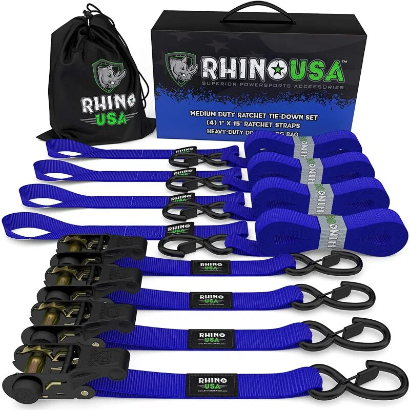 Rhino USA RCHT-4PACK-BLU, Medium Duty Ratchet Strap Tie-Down 4-Pack (Blue)
