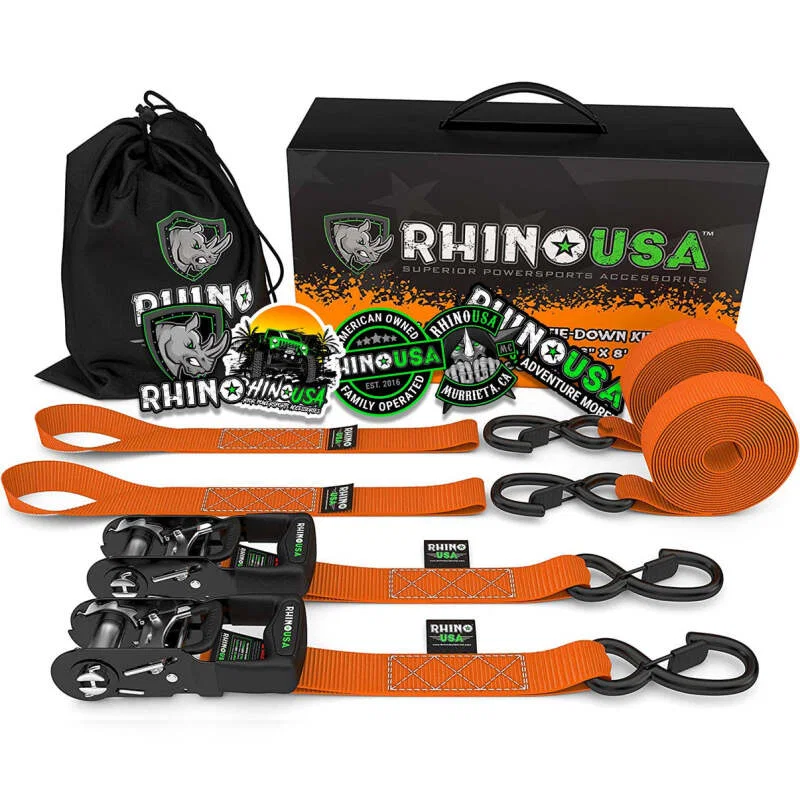 Rhino USA HDKIT-2PK-ORG, Heavy Duty Ratchet Tie-Downs 2-Pack (Orange) 1.6In X 8Ft