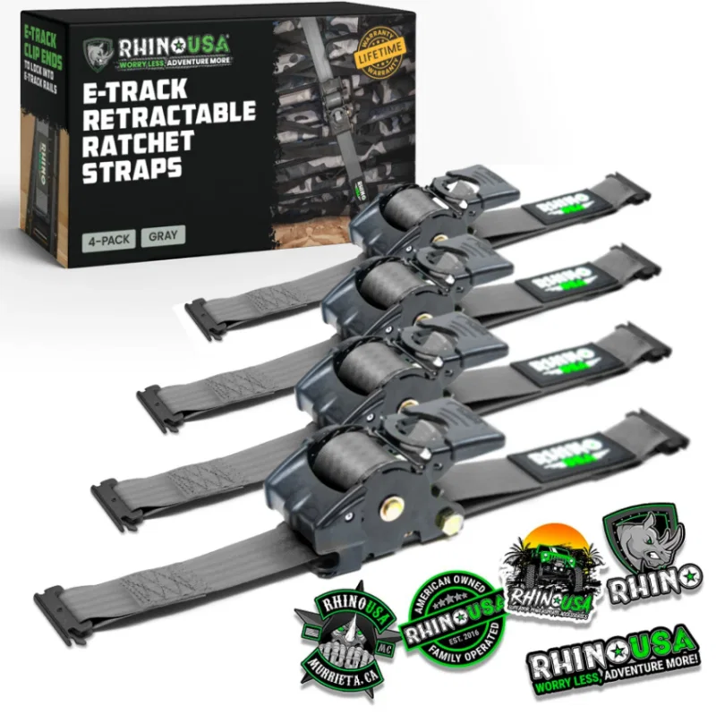 Rhino USA TD-RSRE1X10-2GRY, Retractable Ratchet Straps (2Pk 1Inx10Ft) Gray