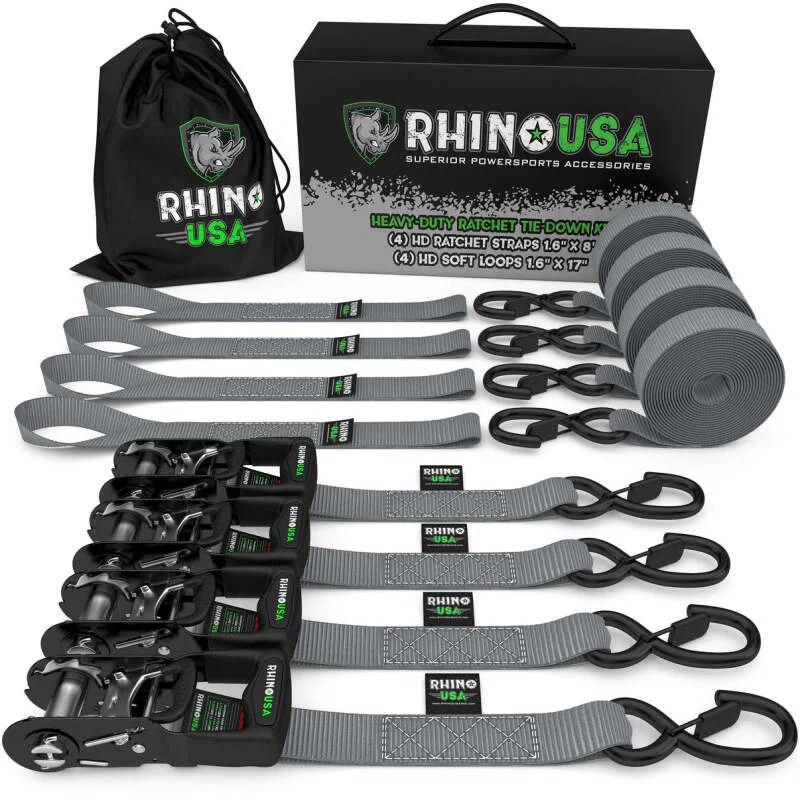 Rhino USA HDKIT-4PK-GRY, Heavy Duty Ratchet Tie-Down 4-Pack (Gray) 1.6In X 8Ft