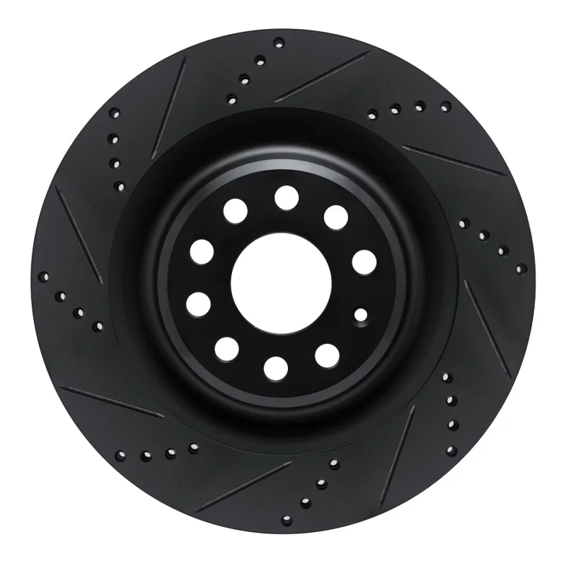 R1 Concepts 633-26006L, R1 12-21 Tesla Model X Rear Left Drilled & Slotted Black Brake Rotor